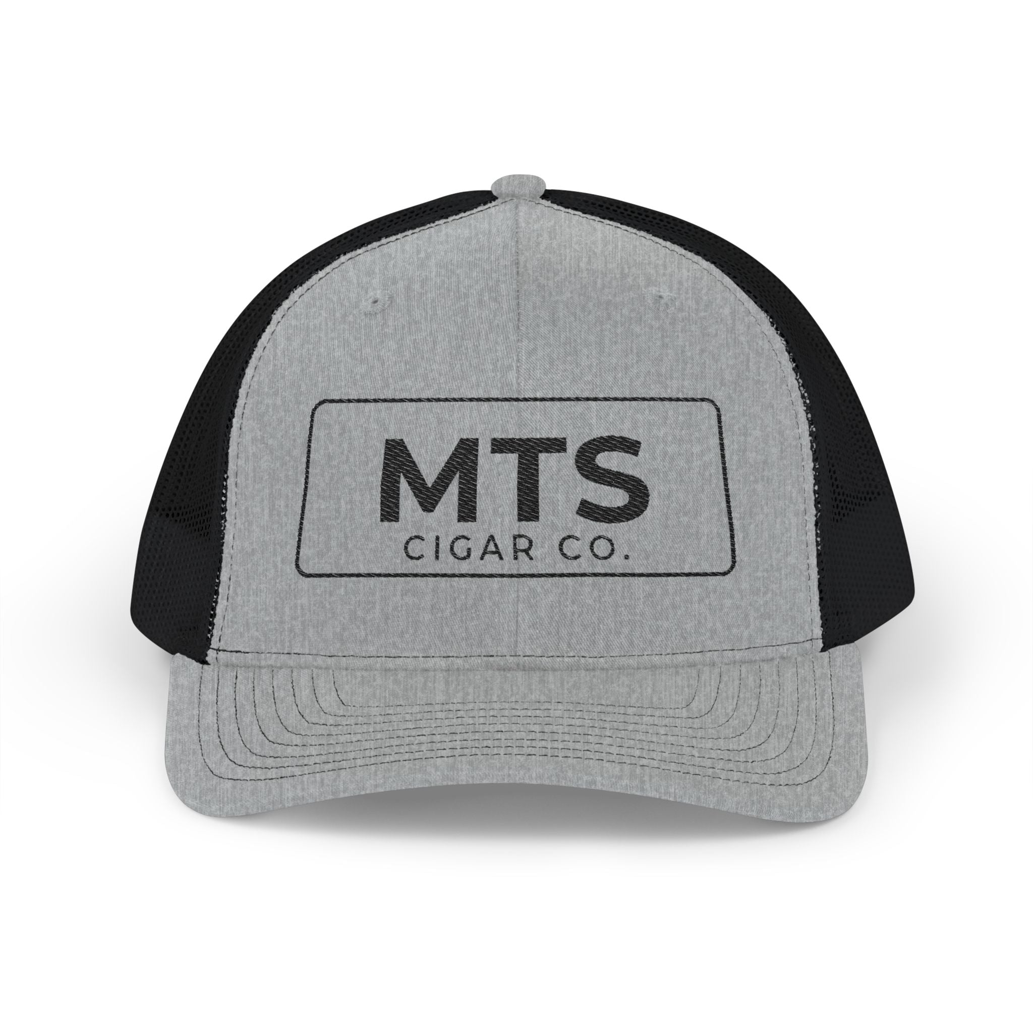 MTS Cigar Co. Embroidered Snapback Trucker Hat — Grey & White Mesh Cap