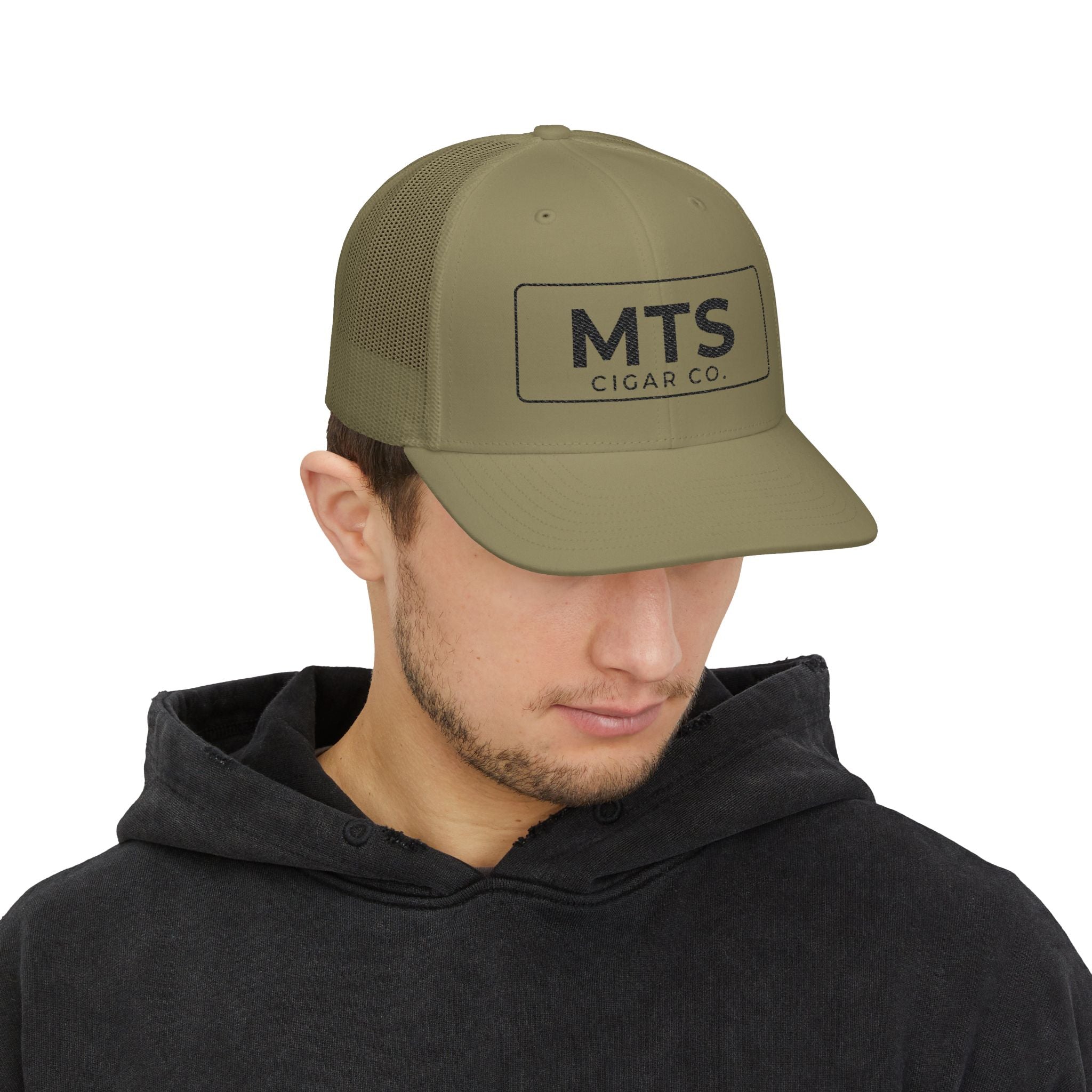 MTS Cigar Co. Embroidered Snapback Trucker Hat — Grey & White Mesh Cap