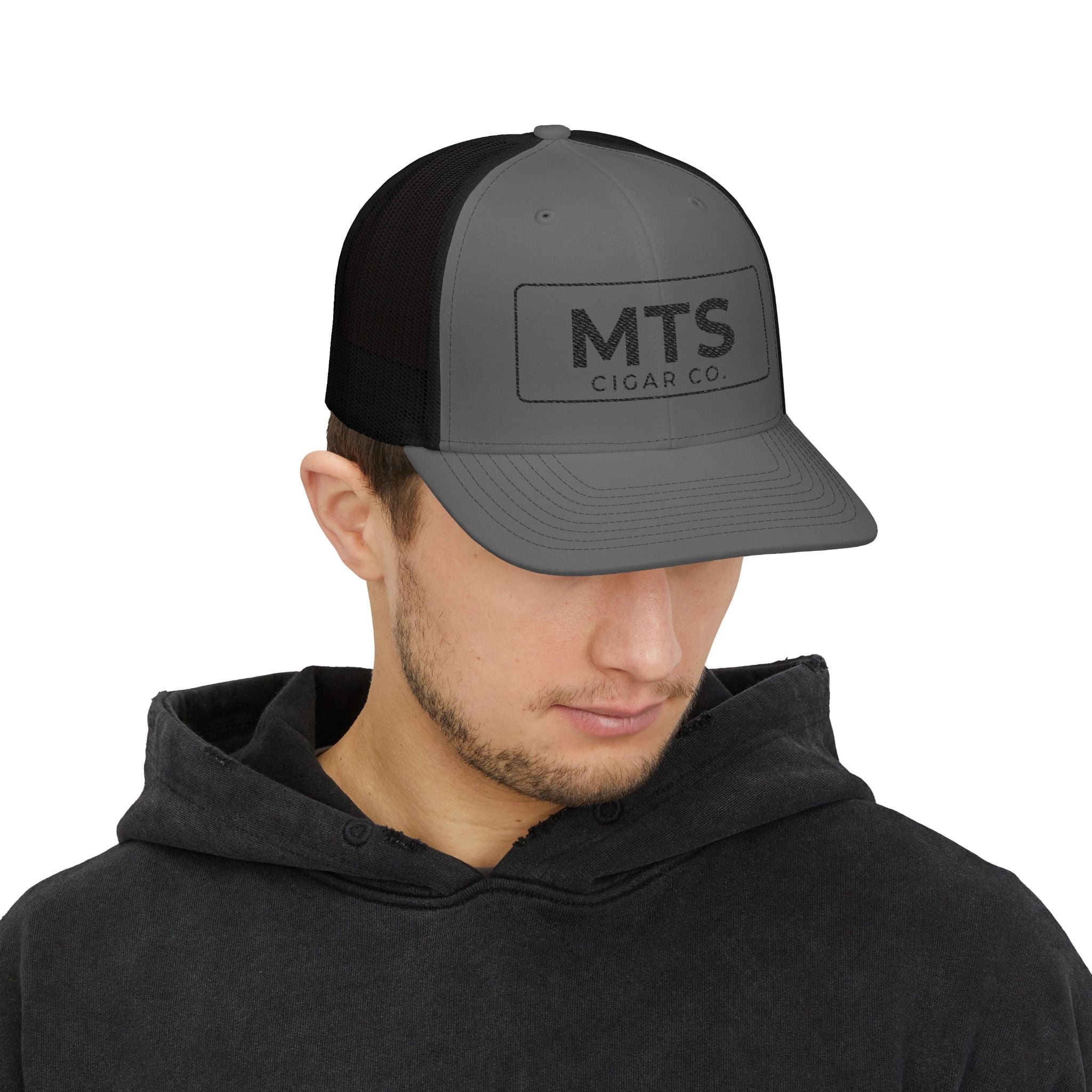 MTS Cigar Co. Embroidered Snapback Trucker Hat — Grey & White Mesh Cap