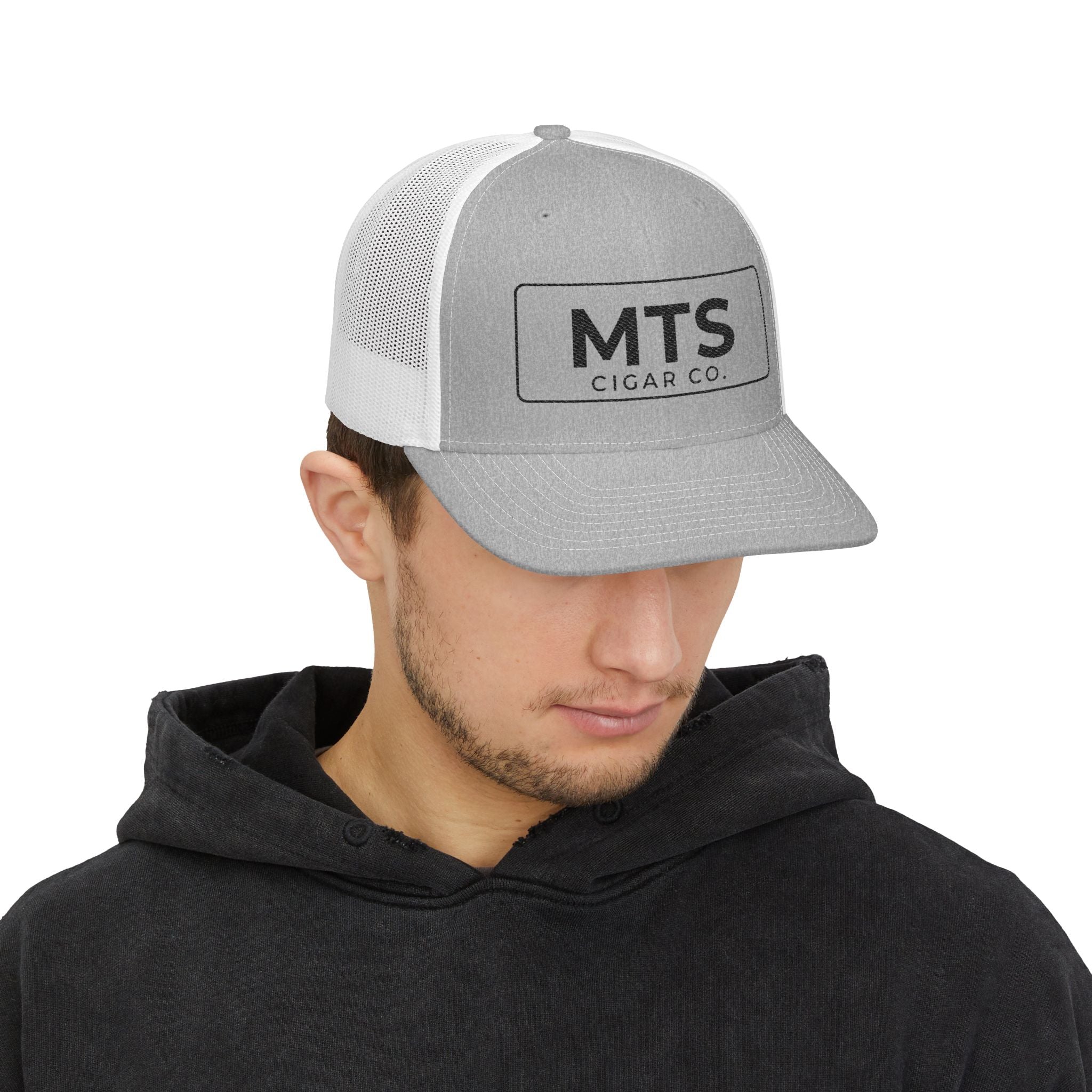 MTS Cigar Co. Embroidered Snapback Trucker Hat — Grey & White Mesh Cap