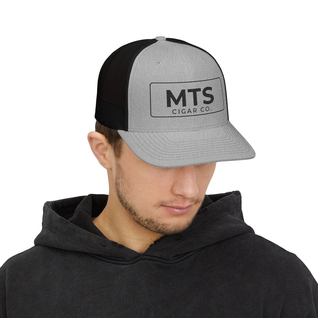 MTS Cigar Co. Embroidered Snapback Trucker Hat — Grey & White Mesh Cap